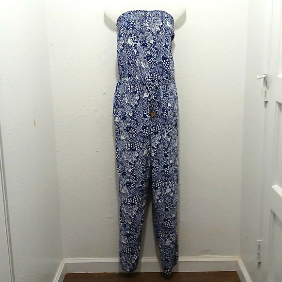 Lilly Pulitzer Blue and White Fish Pattern Jumpsuit Strapless Size XL - Picture 2 of 9